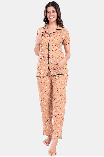 Buy Sweet Moon Knit Cotton Pyjama Set - Nude Brown